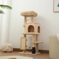 PawHut Arbre à Chat, Tour de Jeux, Hauteur de 104 cm, avec Lit, Maison, Brosse de Toilettage, 44l x 34P x 104H cm, Beige(m-9)
