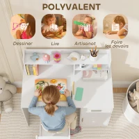 AIYAPLAY Bureau enfant avec chaise, table enfant et chaise, tiroir, placard, compartiments ouverts, tableau en liège, blanc(m-5)