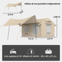 Outsunny Tenda da Campeggio Gonfiabile con Pompa, Impermeabile 3000mm e Antivento, Cachi(m-3)