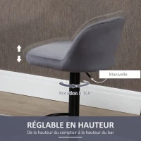 HOMCOM Lot de 2 tabourets de bar design contemporain avec repose-pieds hauteur réglable et pivotant gris(m-5)