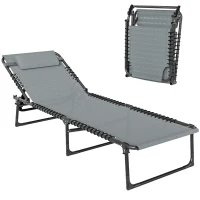 Outsunny Bain de Soleil transat Pliable Dossier inclinable Multi-Positions Acier thermoplastique Lacets élastiques Noir textilène Gris(m-11)