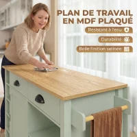 HOMCOM Îlot central cuisine avec plateau pliant, desserte de cuisine sur roulettes avec 2 tiroirs, porte-serviettes, vert(m-7)