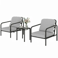 Outsunny Set da Giardino 3 Pezzi in Acciaio con 2 Sedie con Cuscini e Tavolino in Vetro Temperato, Nero(m-10)