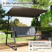 Outsunny 3-persoons tuinschommel met verstelbaar dak, kussens en drankhouders, 360 kg draagkracht, Grijs(m-8)