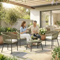 Outsunny Salon de Jardin Extérieur 4 Places Canapé 2 Places 2 Fauteuils et Table Basse Verre Trempé PP Rond Tressé Crème(m-9)