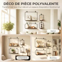 HOMCOM Lot de 4 étagères murales industrielles, étagères flottantes géométriques en métal, pour salon, chambre et bureau, noir(m-8)
