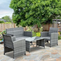 Outsunny Ensemble Salon de Jardin 4 Places : canapé, 2 fauteuils et Table Basse Plateau Verre trempé résine tressée Imitation rotin Gris Coussins Crème(m-10)