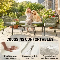 Outsunny Salon de Jardin Extérieur 4 Places Canapé 2 Places 2 Fauteuils et Table Basse Verre Trempé PP Rond Tressé Crème(m-6)