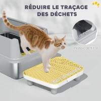 PawHut Bac à Litière XL en Acier Inoxydable, Parois Latérales Hautes, Pédale et Tapis Filtrants, Pelle, 60,2x40,2x29,6cm, Gris(m-6)