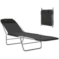 Outsunny Folding Sun Lounger, Texteline Reclining Sun Bed with 5 Position Adjustable Backrest, Headrest, Black(m-10)