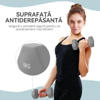 SPORTNOW Set 2 Ganterele Hexagonale de 2x6 kg din Metal și Plastic, 2 Ganterele cu Mânere Antiderapante, 22x10x10 cm, Gri(m-6)