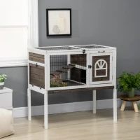 PawHut Clapier à lapins cage lapin intérieur, avec bac amovible, 2 portes verrouillables, échelle, 90 x 53 x 87 cm, café(m-10)
