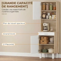 HOMCOM Buffet haut cuisine, armoire de cuisine avec 2 portes, tiroir et plan de travail, 55x40x174 cm, blanc et bois naturel(m-4)