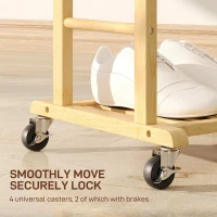 HOMCOM Servomut 4 în 1 pe roți, cu 2 bare, tavă pentru chei și raft pentru pantofi, din bambus, 47x33,7x105,5 cm(m-5)