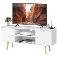 HOMCOM Meuble TV style scandinave 2 portes 2 niches passe-fils piètement bois pin panneaux blanc - 120 x 34 x 50 cm blanc(m-11)