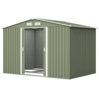 Outsunny 9 x 6ft Metal Garden Shed, Waterproof Outdoor Bike Storage Shed Galvanised with Vents, Foundation Kit, Apex Roof and Lockable Double Doors for Patio Lawn, Light Green(m-11)