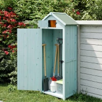 Outsunny Armário de Jardim de Madeira 77x54,2x179 cm 0,3 m² Armário de Armazenamento com 3 Prateleiras e 2 Portas Azul Claro(m-10)