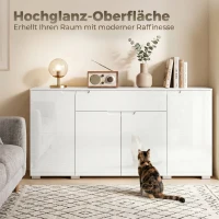 HOMCOM Hochglanz-Sideboard, moderne Kommode mit 4 Türen und verstellbaren Einlegeböden, Soft-Close-Funktion, Weiß(m-4)