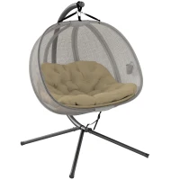 Outsunny Double Hanging Egg Chair 2 Seaters Texteline Swing Hammock Chair with Stand, Cushion and Folding Design, for Indoor and Outdoor, Brown(m-11)