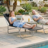 Outsunny Folding Sun Lounger, Texteline Reclining Sun Bed with 5 Position Adjustable Backrest, Headrest, Black(m-2)