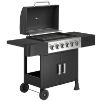 Outsunny Barbacoa de Gas con 6 Quemadores Termómetro Parrilla Mesas Laterales Armario y Ruedas 135x51x101 cm Negro