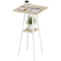 HOMCOM Mesa Alta Cocina Cuadrada con Estante para 2 Personas Patas de Metal 55x55x95 cm Madera Natural y Blanco(m-10)