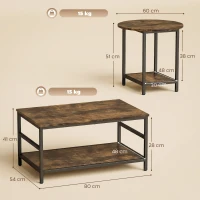 HOMCOM Couchtisch-Set, 2-teilig, rechteckiger und runder Tisch mit 2-stufigem Stauraum, für Wohnzimmer, Rustikal-Braun(m-3)