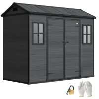 Outsunny 8 x 4 ft Resin Garden Shed, Wood-Effect Outdoor Storage Shed with Floor, Windows, Lockable Doors and Vents, Dark Grey(m-10)