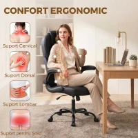 HOMCOM Scaun de Birou Rotativ, Funcție de Balansare, Suporturi Rabatabile pentru Brațe, Spătar Înalt, Înălțime Reglabilă, Negru(m-4)