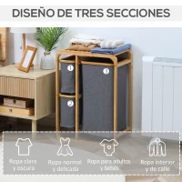 HOMCOM Cesto para Ropa Sucia de Bambú Cesta para la Colada con 3 Bolsas de Tela Extraíbles 50x32x69,7 cm Gris(m-6)