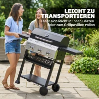 Outsunny Gasgrill 9 KW 3 Brenner BBQ Grillwagen Edelstahl inkl klappbar Seitentisch Gewürzhalter Unterregal 6 Haken(m-8)