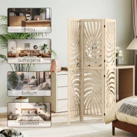 HOMCOM Paravan Interior cu 3 Panouri Pliabil și Separabil din Lemn, Design cu Frunze, 120x170 cm, Culoare Lemn Natural(m-8)
