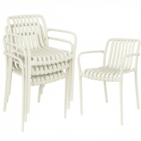 Outsunny Tuinstoelen 4er Set Stapelbare Terrasstoelen met Lamelontwerp Armleuningen, Ergonomisch Cremewit