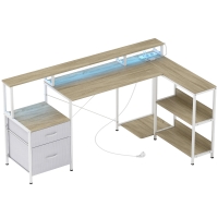 HOMCOM Mesa de canto com tomadas e luzes LED RGB, mesa de computador, 172 x 100 cm, suporte de ecrã, 2 gavetas, branco