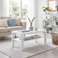 HOMCOM Mesa de Centro Mesa de Café para Salón con Estante Abierto Tablero Grueso para Salón Oficina 90x45x44,5 cm Blanco(m-9)