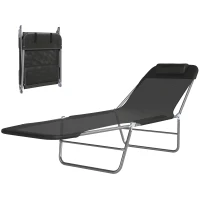 Outsunny Folding Sun Lounger, Texteline Reclining Sun Bed with 5 Position Adjustable Backrest, Headrest, Black(m-11)