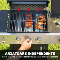 Outsunny Grătar pe Gaz, 3 Arzătoare, Arzător Lateral, Grătare din Fontă, Rafturi Laterale Incluse.(m-5)