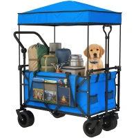 Outsunny Carrinho de Transporte com Rodas Grandes Travão Teto Amovível Carro Dobrável para Jardim com Barra Ajustável 125x59x133 cm Azul(m-15)
