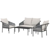 Outsunny Gartenmöbel Set 4-teilig Polyrattan Lounge-Set mit Zweisitzer 2 Sessel Couchtisch abnehmbar Kissen Bindebändern(m-10)