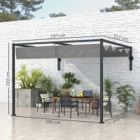 Outsunny Pérgola de Jardín de Pared 297x211x220 cm Cenador con Techo Retráctil y Marco de Acero para Patio Terraza Gris Oscuro(m-3)