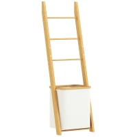 HOMCOM Estantería para Baño de Bambú Toallero de Pie con 3 Barras Cesto para Ropa Sucia Extraíble de 48 L Crema