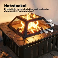 Outsunny Feuerschale aus Stahl Feuerstelle mit Funkenschutz Schürhaken für Outdoor BBQ Camping 67x67x47cm Schwarz(m-6)