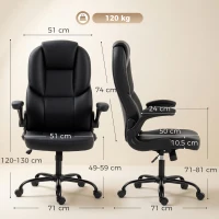 HOMCOM Scaun de Birou Rotativ, Funcție de Balansare, Suporturi Rabatabile pentru Brațe, Spătar Înalt, Înălțime Reglabilă, Negru(m-3)