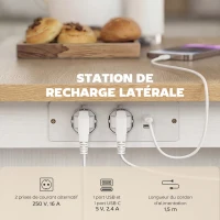 HOMCOM Îlot de Cuisine avec Station de Charge, Chariot de Cuisine à Roulettes avec Plan de Travail Rabattable, 2 Tiroirs, Blanc(m-4)
