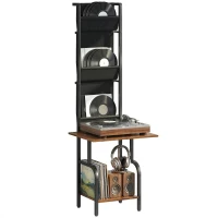 HOMCOM Vinyl Record Player Stand Record Storage with Player Stand Oxford Fabric Pockets Bottom Shelf Rustic Brown and Black(m-10)