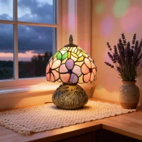HOMCOM Tiffany-Style Table Lamp with Sculpted Dragonfly Base, Handcrafted Classic Stained Glass Bedside Lamp for Living Room and Bedroom, E27 Socket, Pink(m-8)