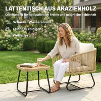 Outsunny Rattan Bistroset 3 teiliges FSC Gartenmöbel-Set mit 2 Sessel, Lamell-Holztisch, dicke waschbare Kissen Stahlrahmen(m-8)