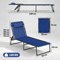 Outsunny Tumbona Plegable, Tumbona Jardín Exterior Reclinable 4 Posiciones con Reposacabezas y Marco de Acero, Carga 120 kg, para Terraza, Piscina, Playa, 189x58x30 cm, Azul Oscuro(m-3)