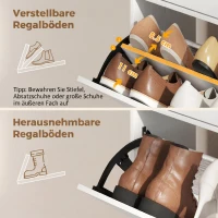 HOMCOM Schmaler Schuhschrank mit 2 Klappfächern, Schuhschrank mit Lychee-Leder-Türen und verstellbaren Regalböden, Weiß(m-7)