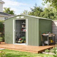 Outsunny 9 x 6ft Metal Garden Shed, Waterproof Outdoor Bike Storage Shed Galvanised with Vents, Foundation Kit, Apex Roof and Lockable Double Doors for Patio Lawn, Light Green(m-2)